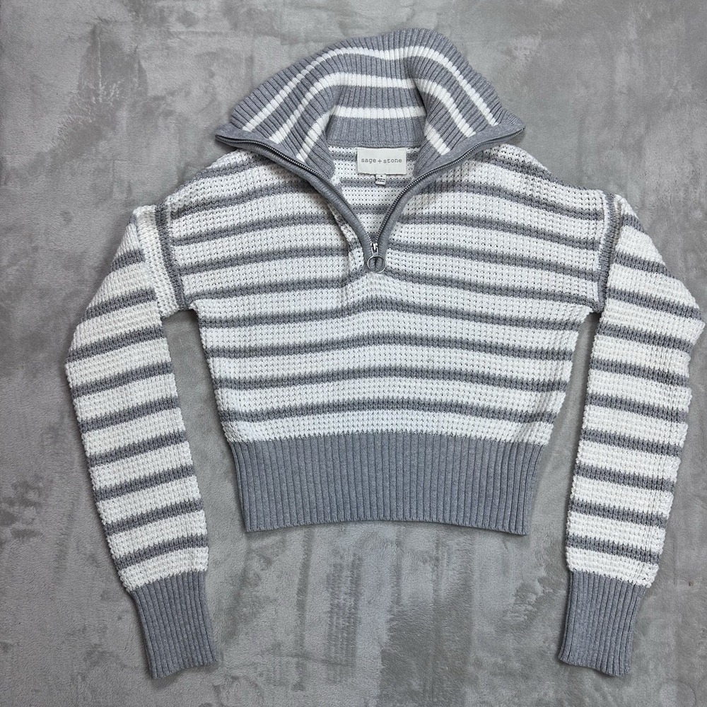 Sage + Stone~Women's~Striped Knit Quarter Zip Sweater Gray/White~Size-Small